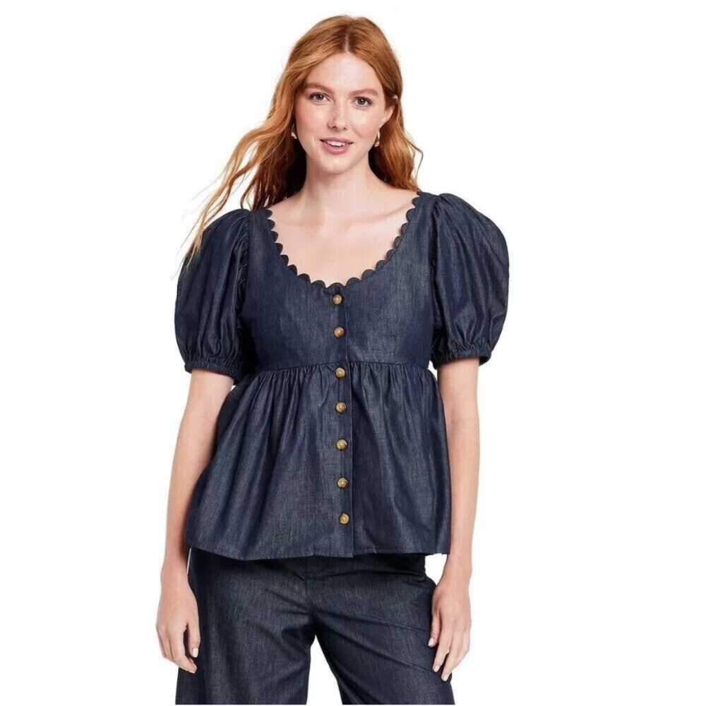 Kika Vargas x Target  Shirt & Pants Set Wide Leg Crop 2X 20W Blue Casual Summer